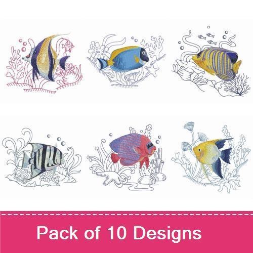 Redwork Colorful Tropical Fish Embroidery Bundle – Tropical Fish with Coral, Angelfish, Clownfish & More (10 Designs)