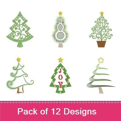 Christmas Tree Embroidery Designs Bundle – Swirly, Ornamental, Frosted & More (12 Designs)