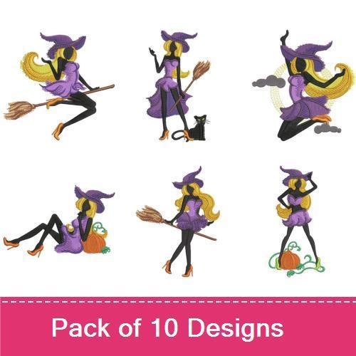 Chic Halloween Witches Embroidery Designs Bundle – Witch on Broomstick, Witch with Cat, Witch Casting Spell & More (10 Designs)