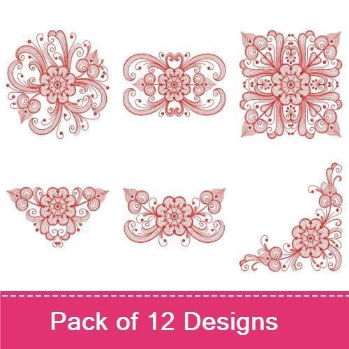 Redwork Elegant Floral Embroidery Designs Bundle – Floral Mandala, Ornate Floral Motif, & More (12 Designs)