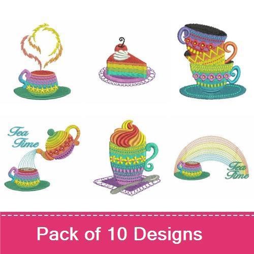 Colorful Tea Time Embroidery Bundle – Teapot with Cup, Cupcake with Candy & More (10 Designs)