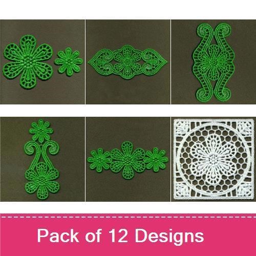 FSL Floral Lace Embroidery Bundle – Floral Lace Square, Lace Flower, Butterfly Lace & More (12 Designs)