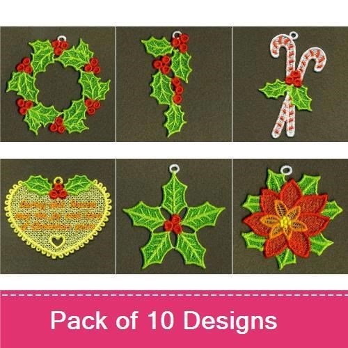 FSL Festive Holly and Candle Embroidery Designs Bundle – Candle, Holly Wreath, Candy Cane Ornament & More (10 Designs)