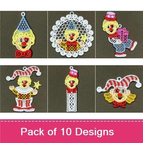 FSL Clown Embroidery Designs Bundle – Clown Ornament, Clown with Cupcake, Clown with Balloons & More (10 Designs)