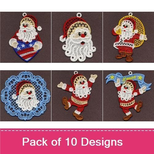FSL Festive Santa Ornaments Embroidery Bundle – Santa with Candy Cane, Lace Santa Face, Santa on Sleigh & More (10 Designs)