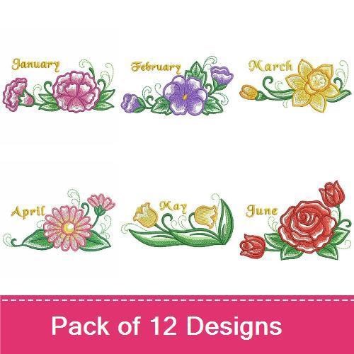 Floral Monthly Embroidery Designs Bundle – January Rose, February Floral, March Floral & More (12 Designs)