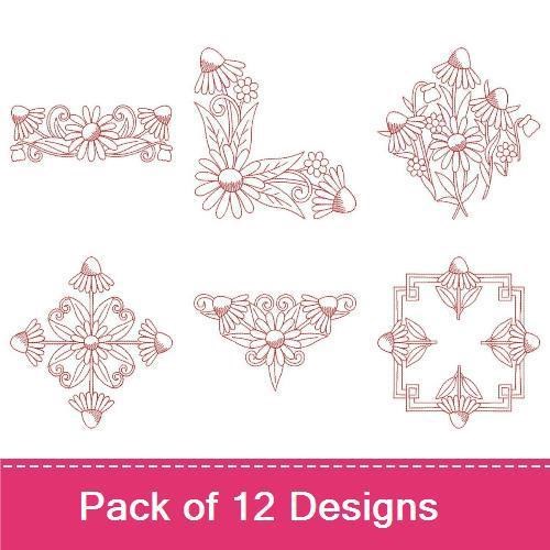 Redwork Coneflowers & Hummingbird Embroidery Bundle – Floral Coneflower, Hummingbird with Coneflowers & More (12 Designs)