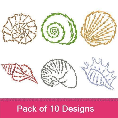 Redwork Seashell Embroidery Bundle – Spiral, Leaf, Curled Shell & More (10 Designs)