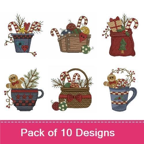 Christmas Baskets Embroidery Bundle – Gingerbread in Basket, Christmas Ornament Basket, Holiday Snack Basket & More (10 Designs)