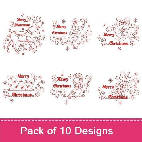 Redwork Christmas Embroidery Designs Bundle – Reindeer, Christmas Tree, Snowman & More (10 Designs)