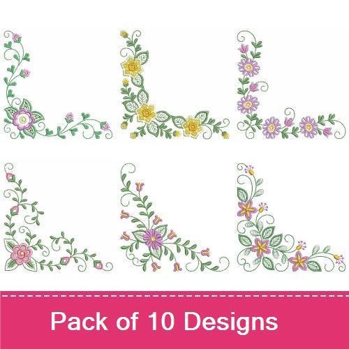 Floral Corner Embellishments Embroidery Bundle – Pink & Yellow Flowers, Mixed Flowers & More (10 Designs)