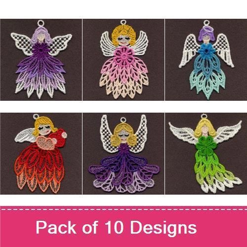 FSL Colorful Angel Embroidery Designs Bundle – Elegant Figures with Lace Wings, Flower Patterns & More (10 Designs)