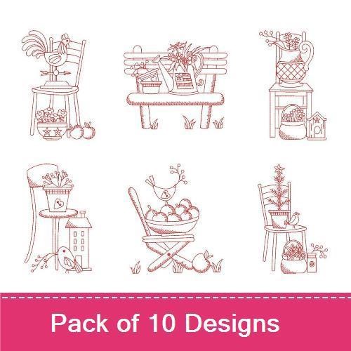 Redwork Country Charm Embroidery Designs Bundle – Rooster on Chair, Garden Cart, Bountiful Basket & More (10 Designs)