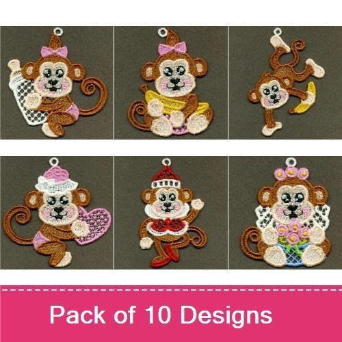 FSL Cute Monkey Lace Embroidery Bundle – Love Monkey Couple, Monkey with Top Hat & Flowers, Monkey in Dress & More (10 Designs)
