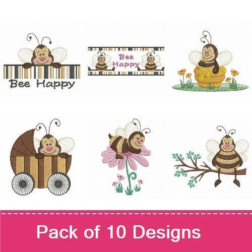 Happy Bee Embroidery Designs Bundle – Bee with Flower, Bee Collecting Honey, Laughing Bee & More (10 Designs)