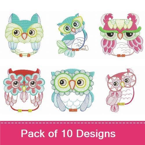 Rippled Whimsical Owls Embroidery Designs Bundle – Colorful Owl, Owl with Glasses, Floral Owl & More (10 Designs)