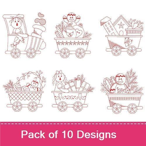 Redwork Whimsical Holiday Wagon Embroidery Bundle – Gingerbread Man, Snowman, Christmas Tree & More (10 Designs)