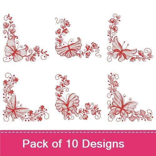 Redwork Elegant Butterfly Embellishment Embroidery Bundle – Butterfly Corner with Flowers, Decorative Butterfly Corner & More (10 Designs)