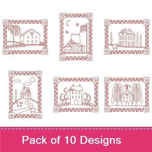 Redwork Country Farmhouse Scenes Embroidery Bundle – Farmhouse with Star, Barn Scene, Moonlit Farm & More (10 Designs)