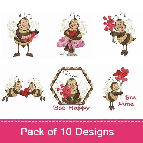 Valentine Themed Bees Embroidery Designs Bundle – Bee with Heart, Bee Happy, Bee Mine & More (10 Designs)