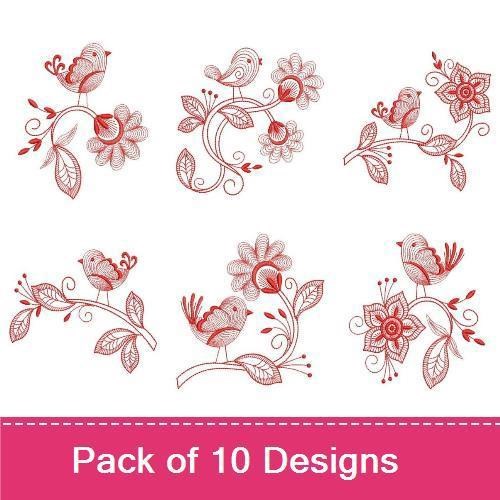 Redwork Birds and Blooms Embroidery Designs Bundle – Redwork Bird with Flowers, Redwork Flower Arrangement & More (10 Designs)