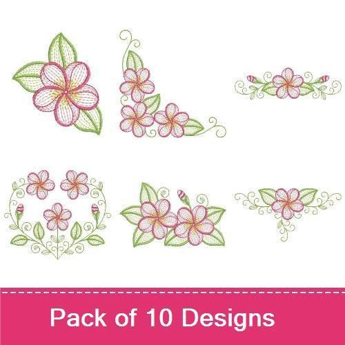 Rippled Floral Embroidery Bundle – Plumeria Flower Cluster, Floral Corner, Decorative Swirl & More (10 Designs)