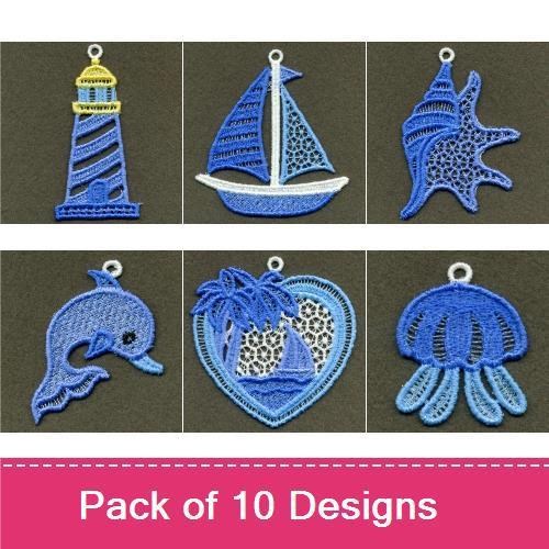 FSL Coastal Sea Life Embroidery Bundle – Sailboat, Turtle, Lighthouse, Dolphin & More (10 Designs)