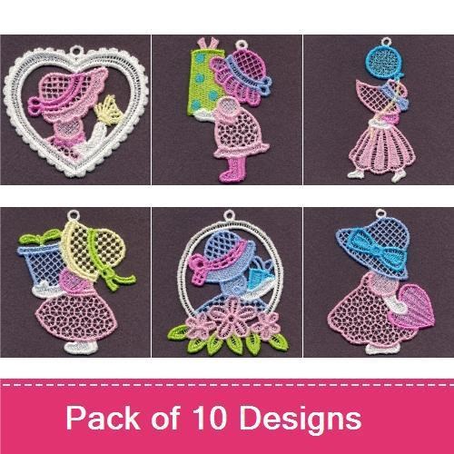 FSL Vintage Sunbonnet Girls Embroidery Bundle – Sunbonnet Girl Holding Flowers, Sunbonnet Girl with Basket & More (10 Designs)