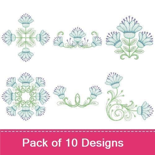 Rippled Delicate Blue Floral Embroidery Bundle – Floral Motif, Circular Arrangement, Border & More (10 Designs)