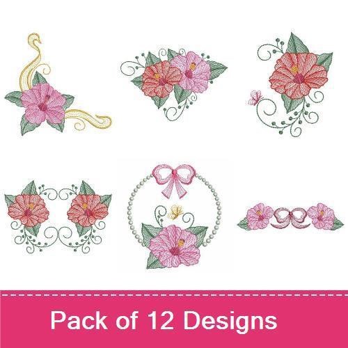 Rippled Hibiscus Flowers Embroidery Bundle – Single Pink, Flower Spray, Border & More (12 Designs)