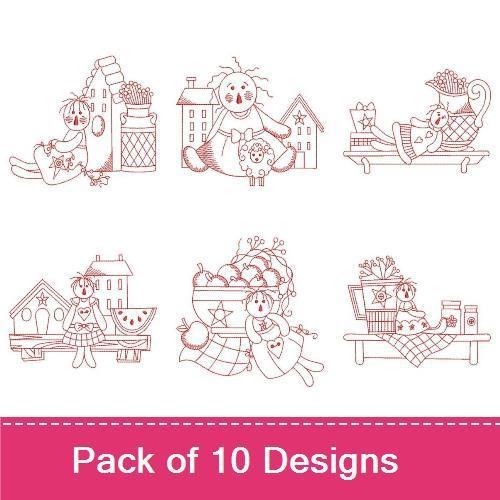 Redwork Country Rag Dolls Embroidery Bundle – Rag Doll with Sheep, Snowman with Gifts, Rag Doll in Garden & More (10 Designs)
