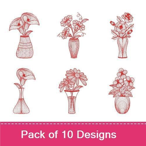 Redwork Floral Vase Embroidery Designs Bundle – Elegant Floral Vase with Roses, Tall Floral Vase, Vase with Lilies & More (10 Designs)