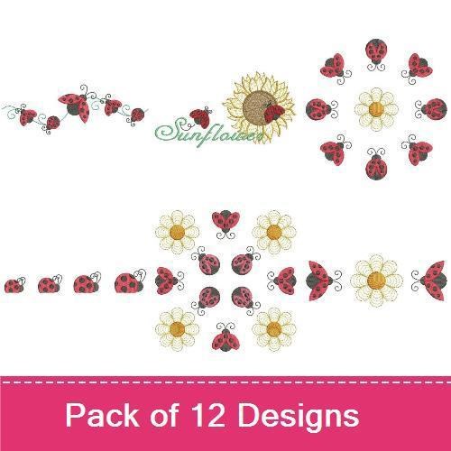 Ladybug & Sunflower Embroidery Designs Bundle – Ladybug with Sunflower, Floral Wreath with Ladybugs, & More (12 Designs)