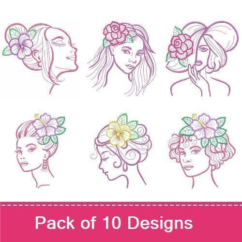 Redwork Floral Face Embroidery Designs Bundle – Floral Face with Purple Flower, Elegant Woman with Floral Accent & More (10 Designs)