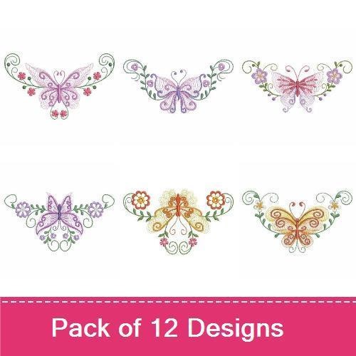 Rippled Elegant Butterfly & Floral Embroidery Designs Bundle – Floral Butterfly with Swirls, Blue Butterfly with Flowers & More (12 Designs)