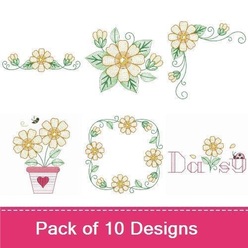 Rippled Daisy Floral Embroidery Bundle – Daisy in Pot, Daisy Border, Floral Heart & More (10 Designs)