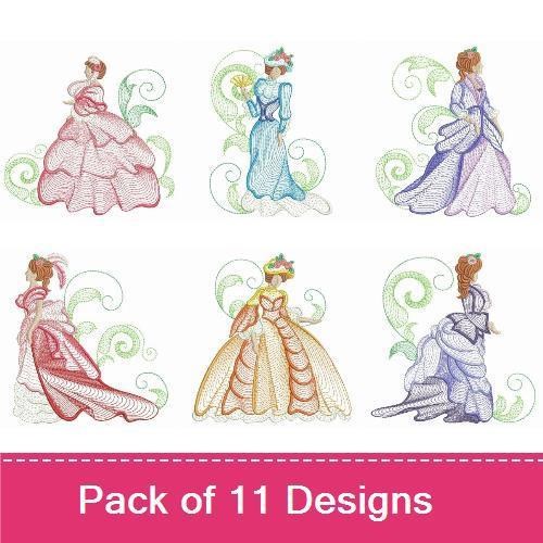 Rippled Victorian Ladies Embroidery Bundle – Elegant Dresses, Flowers, Fan & More (11 Designs)
