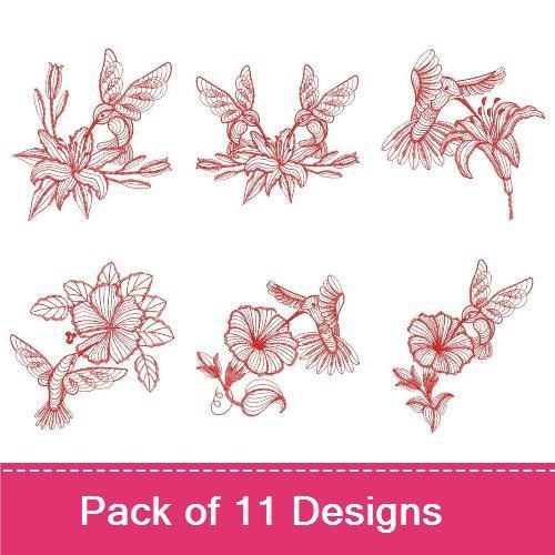Redwork Hummingbird & Floral Embroidery Designs Bundle – Hummingbird Among Flowers, Floral Bouquet, Lily Blossom & More (11 Designs)