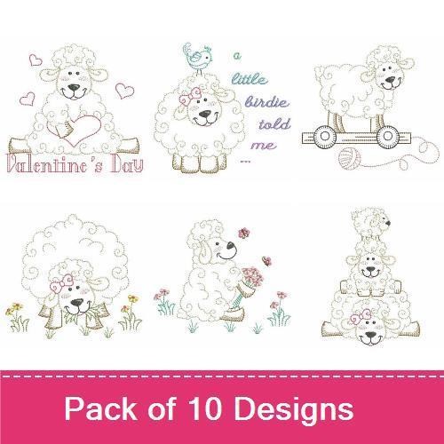 Redwork Cute Sheep Embroidery Designs Bundle – Sheep with Bird, Sheep with Heart, Sheep on Wagon & More (10 Designs)
