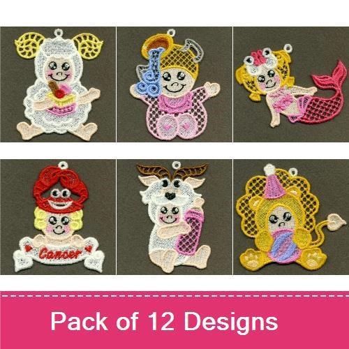 FSL Zodiac Character Embroidery Designs Bundle – Cancer, Gemini, Aries, Leo & More (12 Designs)