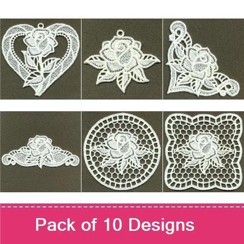 FSL White Rose Lace Embroidery Bundle – Rose Heart Ornament, Intricate Lace Heart, & More (10 Designs)