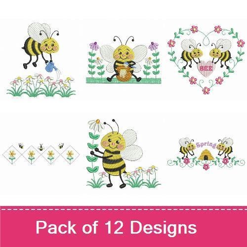 Cheerful Bees Embroidery Designs Bundle – Bee with Watering Can, Happy Bee with Flowers, Bee Among Flowers & More (12 Designs)