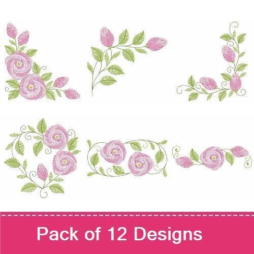 Pink Rose Floral Embroidery Designs Bundle – Two Pink Roses, Floral Corner Design, Pink Rose with Green Leaves & More (12 Designs)