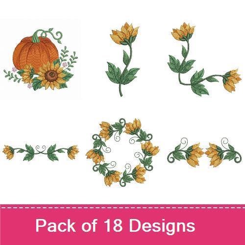 Sunflower Embroidery Designs Bundle – Square Frame, Vines, Pumpkin & More (18 Designs)