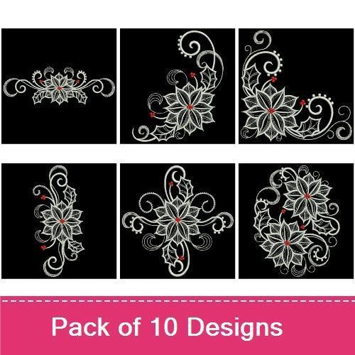 Rippled Poinsettia Embroidery Designs Bundle – Elegant Poinsettia with Swirls, Poinsettia and Holly & More (10 Designs)