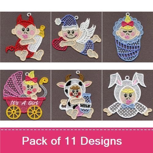 FSL Cute Baby Animals & Angels Embroidery Designs Bundle – Angel with Heart, Devil Baby, Baby in a Stroller & More (11 Designs)