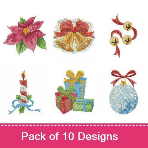 Christmas Cheer Embroidery Designs Bundle – Snowman, Poinsettia, Bows, Holiday Bells & More (10 Designs)