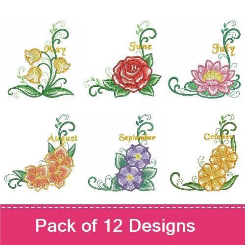 Floral Birth Month Embroidery Designs Bundle – Carnation, Violet, Daffodil & More (12 Designs)