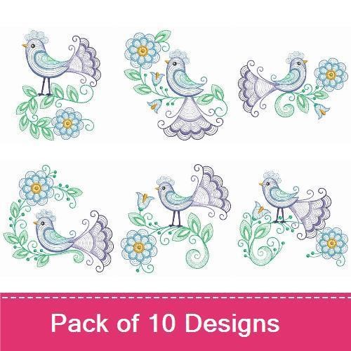 Rippled Blue Birds Embroidery Bundle – Blue Bird on Flower, Singing Blue Bird, Blue Bird with Floral Elements & More (10 Designs)