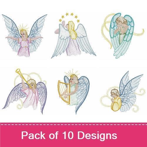 Rippled Angelic Figures Embroidery Bundle – Angel with Wings, Angel Playing Harp, Angel Holding Lantern & More (10 Designs)